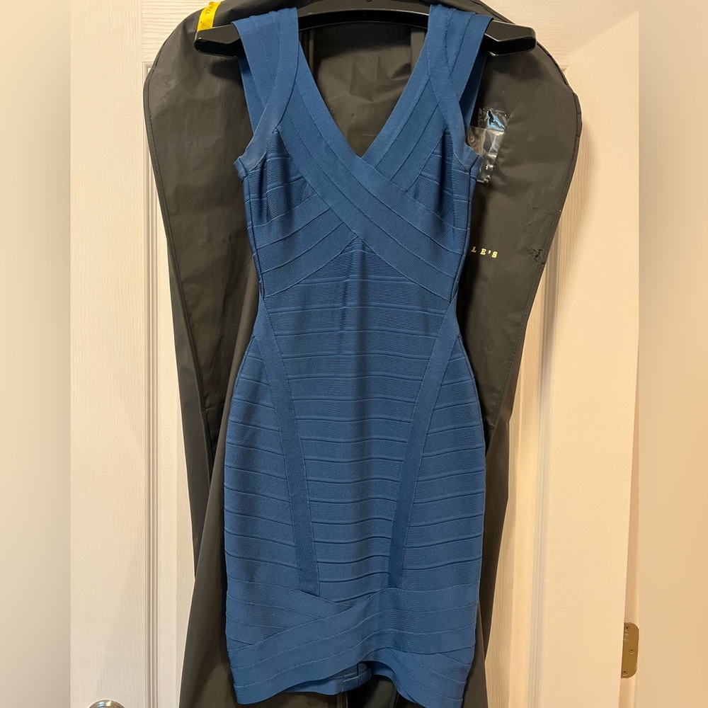 Herve Leger Round Neck Mini Bandage Dress Blue Sleeveless XS